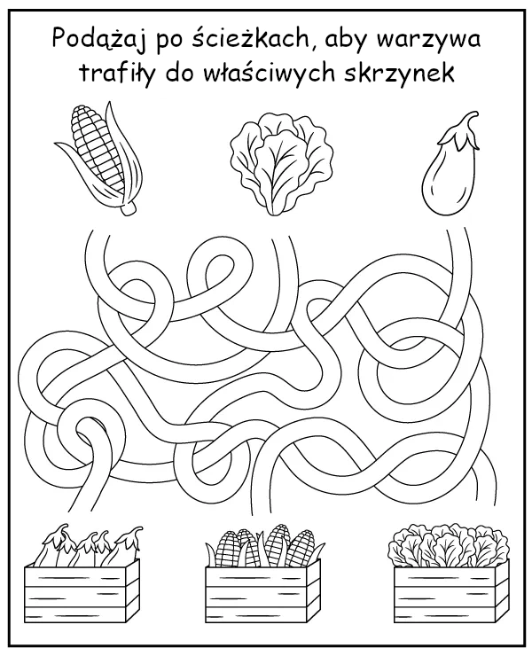 Labirynt dla dzieci -zadanie do wydruku warzywa