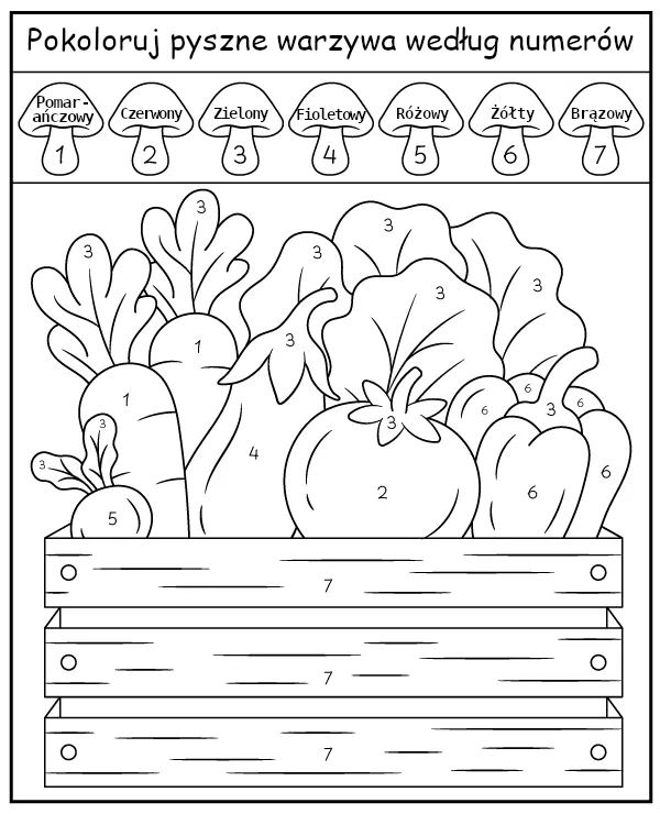Pokoloruj warzywa według numerów kolorowanka do druku
