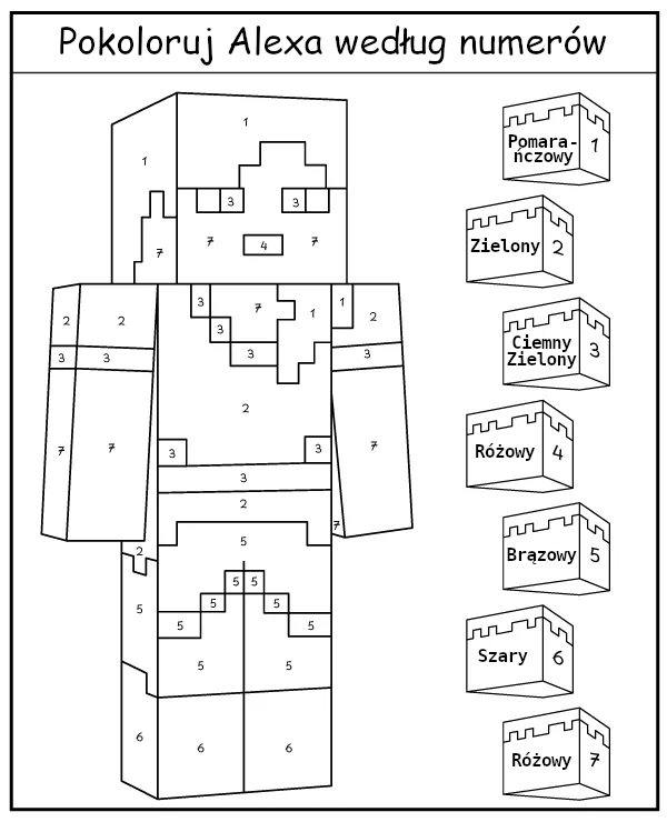 Pokoloruj według numerów Minecraft Alex kolorowanka