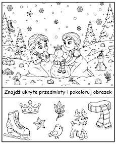 Znajdź ukryte przedmioty - Elsa i Anna zadanie do wydruku dla dzieci