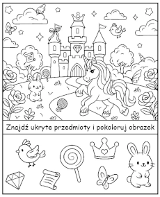 Znajdź ukryte przedmioty na kolorowance z jednorożcem i zamkiem - zadanie na spostrzegawczość