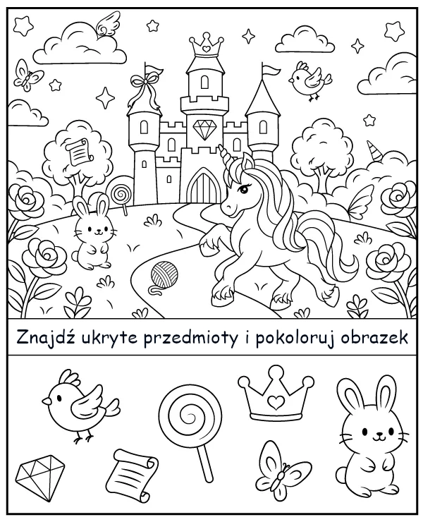 Ukryte przedmioty na kolorowance z jednorożcem i zamkiem - zadanie na spostrzegawczość