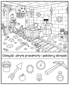 Znajdź przedmioty ukryte w kopalni Minecraft - zadanie do wydruku dla dzieci