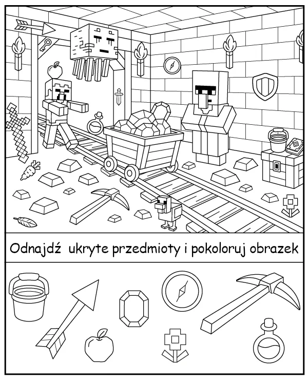 Znajdź przedmioty ukryte w kopalni Minecraft - zadanie do wydruku
