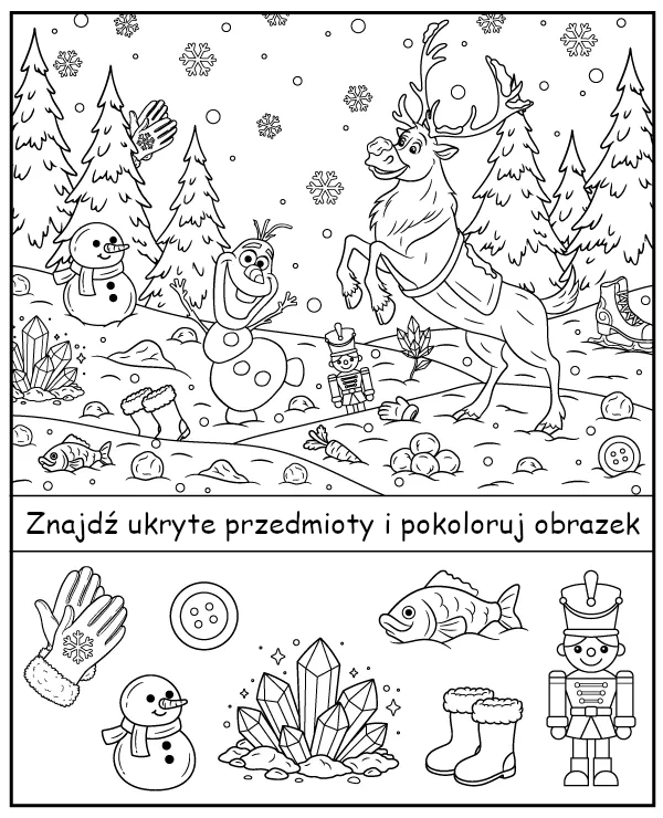 Znajdź ukryte przedmioty - Olaf i Sven zadanie do wydruku Kraina Lodu