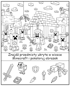 Znajdź przedmioty ukryte w wiosce Minecraft - zadanie do wydruku na spostrzegawczość
