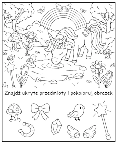Ukryte przedmioty na obrazku z jednorożcem - zadanie na spostrzegawczość mini