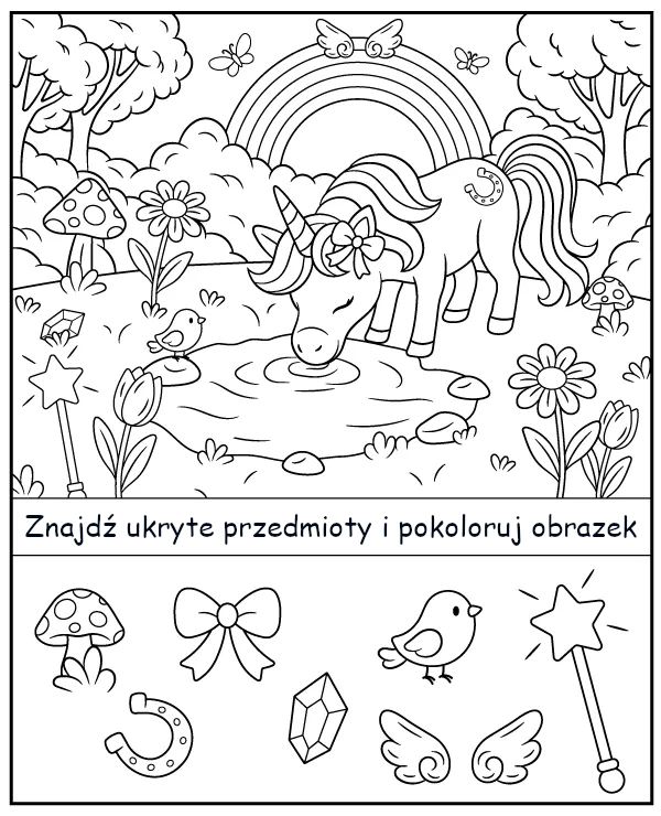 Ukryte przedmioty na obrazku z jednorożcem - zadanie na spostrzegawczość