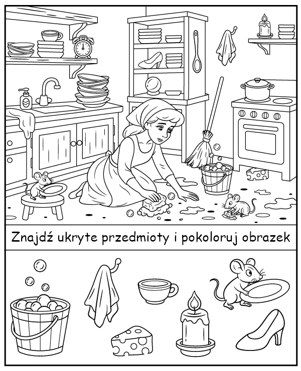 Znajdź ukryte przedmioty - zadanie do druku Kopciuszek