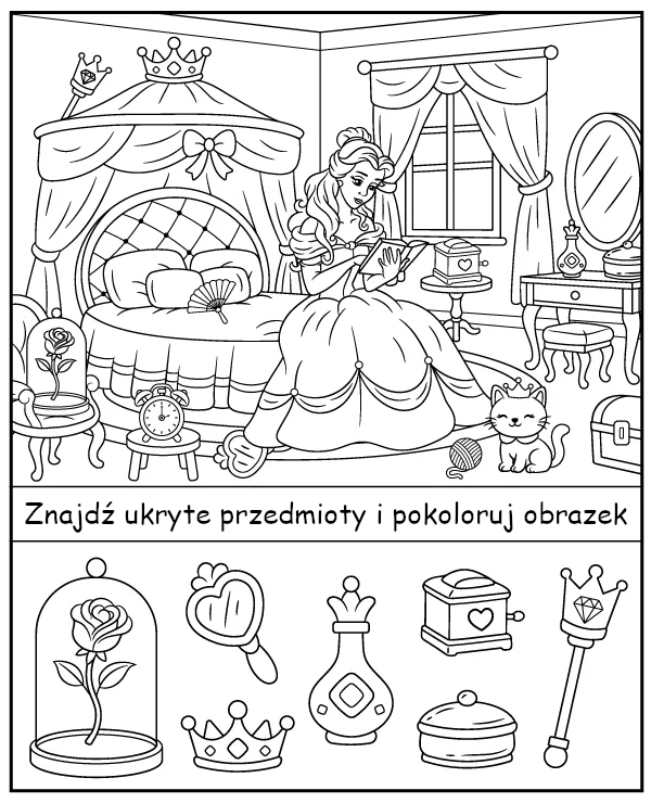 Znajdź ukryte przedmioty księżniczki - zadanie do druku