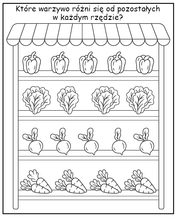 Które warzywo różni się od pozostałych - zadanie na spostrzegawczość