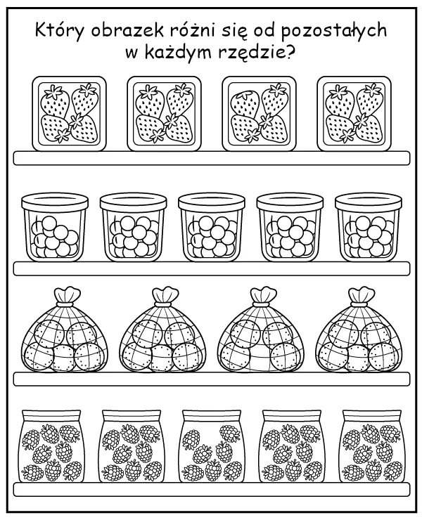 Wskaż inny owoc w każdym rzędzie - zadanie do druku