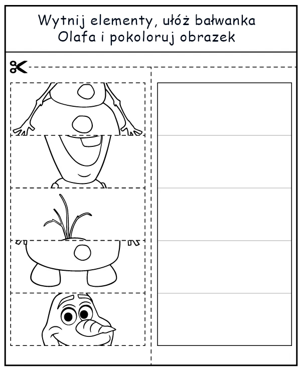 Wytnij elementy i ułóż kolorowankę Olaf Kraina Lodu - zadanie dla dzieci do wydruku