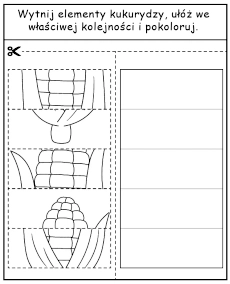 Wytnij elementy i ułóż kolorowankę z kukurydzą - zadanie warzywa dla dzieci