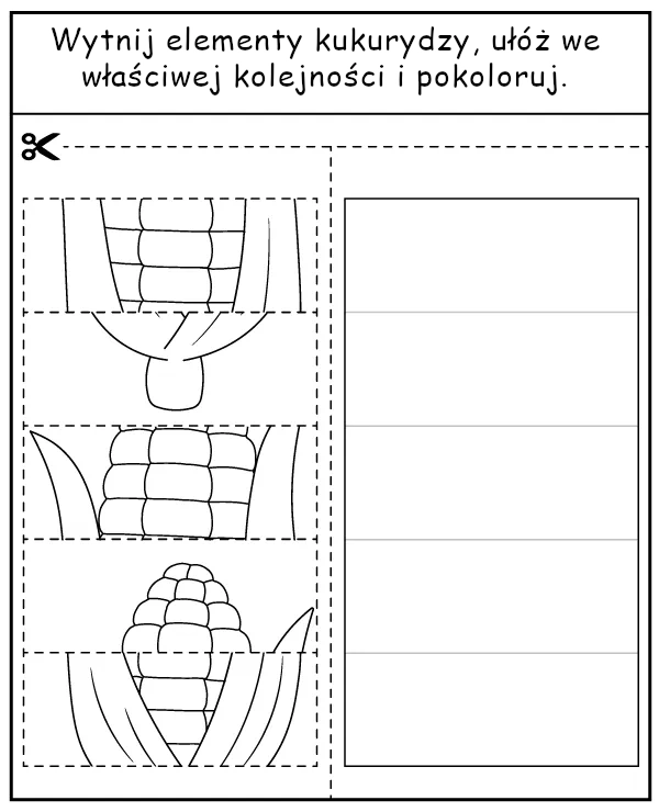 Wytnij elementy i ułóż kolorowankę kukurydzę - zadanie warzywa dla dzieci