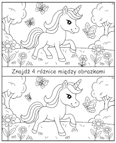 Znajdź 4 różnice między obrazkami z jednorożcem - materiały edukacyjne dla dzieci