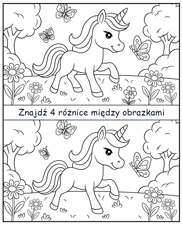 Znajdź 4 różnice między obrazkami z jednorożcem