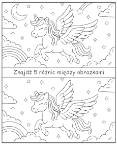 Znajdź 5 różnic między obrazkami z jednorożcem do wydruku