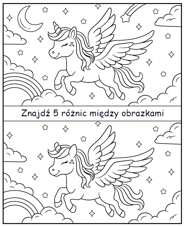 Znajdź 5 różnic między obrazkami z jednorożcem