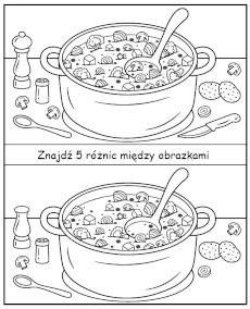Znajdź 5 różnic między obrazkami z zupą warzywną - zadanie do druku dla dzieci materiały edukacyjne