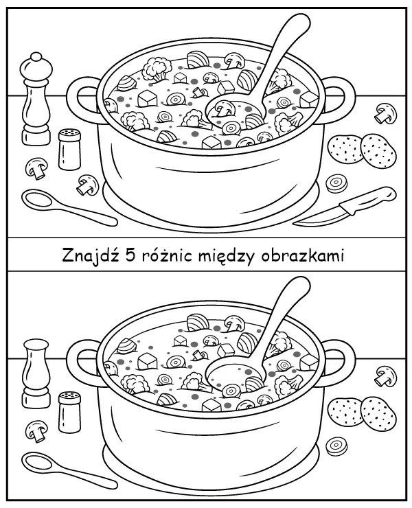 Znajdź 5 różnic między obrazkami z zupą warzywną - zadanie do druku dla dzieci