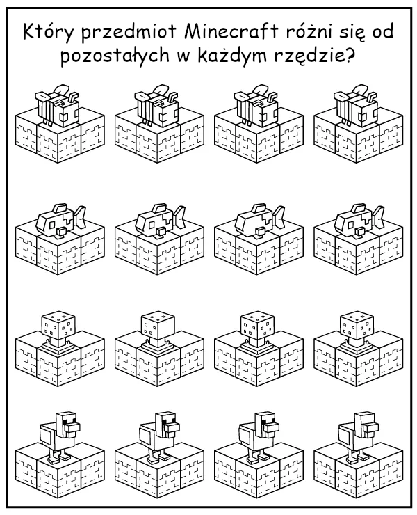Zadanie Minecraft na spostrzegawczość do druku dla dzieci