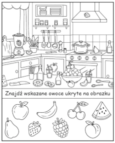 Znajdź owoce ukryte na kolorowance - łamigłówka do druku dla dzieci