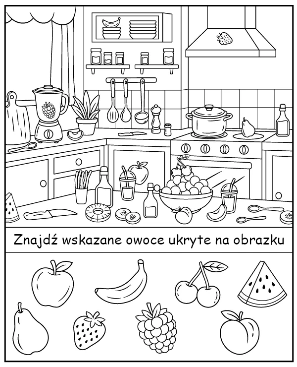 Znajdź owoce ukryte na kolorowance - łamigłówka do druku