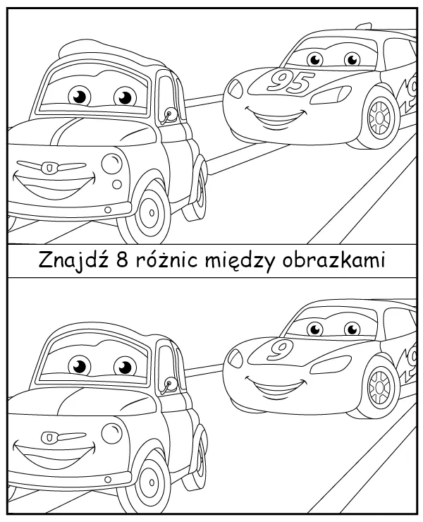 Znajdź 8 różnic - kolorowanka zadanie Zygzak Auta