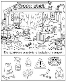 Znajdź ukryte przedmioty - kolorowanka myjnia z bajki Auta mini