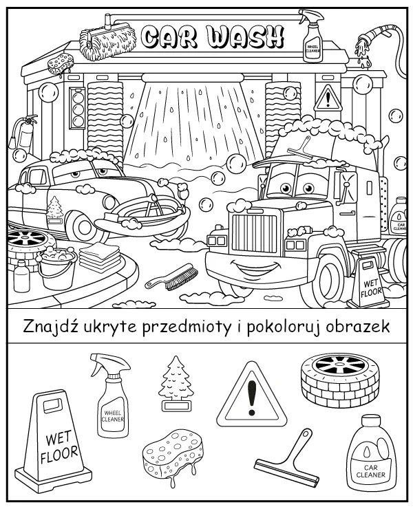 Znajdź ukryte przedmioty - kolorowanka myjnia z bajki Auta