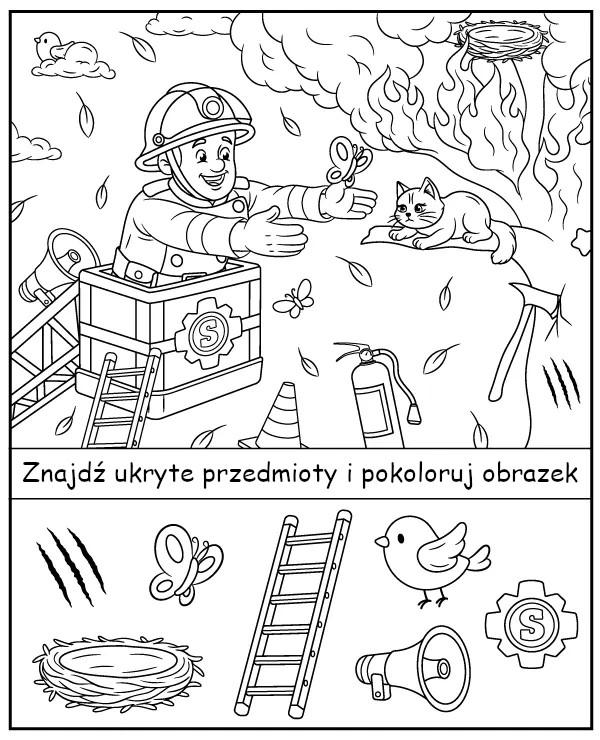 Znajdź ukryte przedmioty na kolorowance Strażak Sam