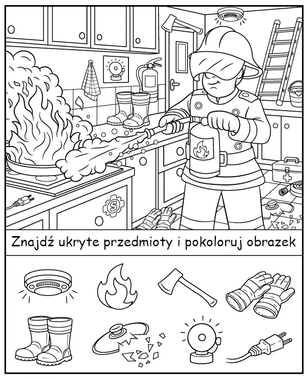 Znajdź ukryte przedmioty na kolorowance Strażak Sam gasi pożar