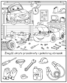 Znajdź ukryte przedmioty - kolorowanka warsztat z bajki Auta mini