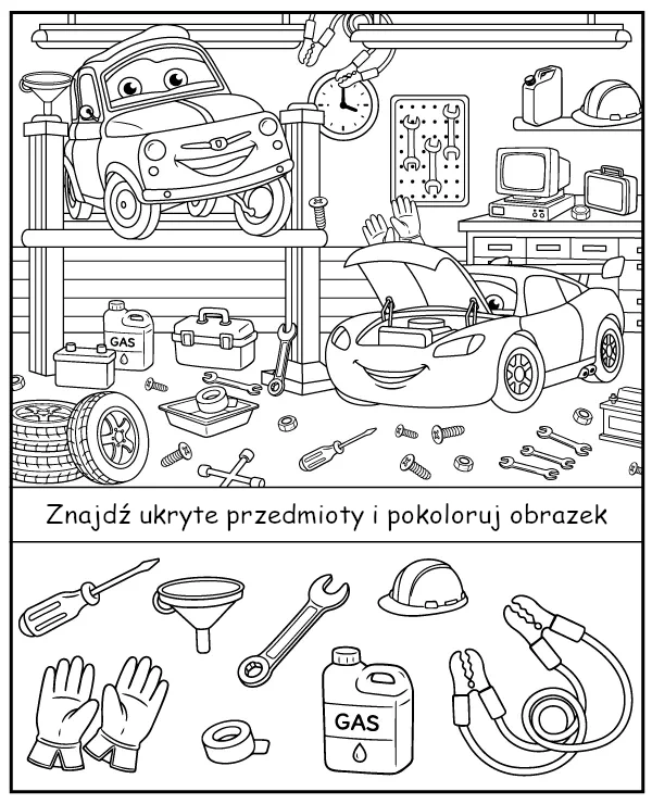Znajdź ukryte przedmioty - kolorowanka warsztat z bajki Auta