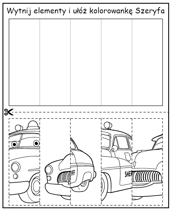 Wytnij elementy i ułóż kolorowankę Auta Szeryf - wycinanka dla dzieci do wydruku