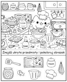 Znajdź ukryte przedmioty na kolorowance kotek Pusheen kucharz mobile