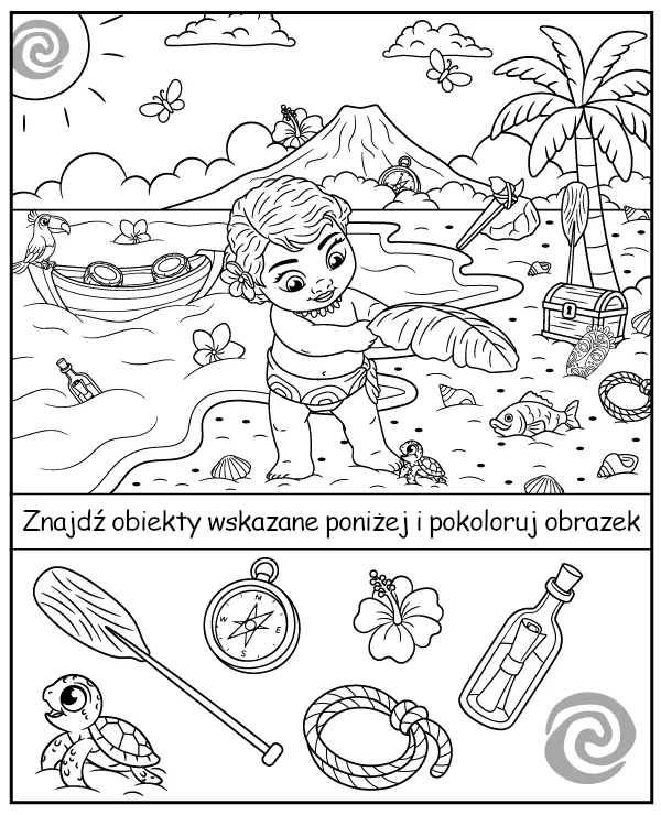 Znajdź ukryte przedmioty i pokoloruj obrazek Mała Vaiana
