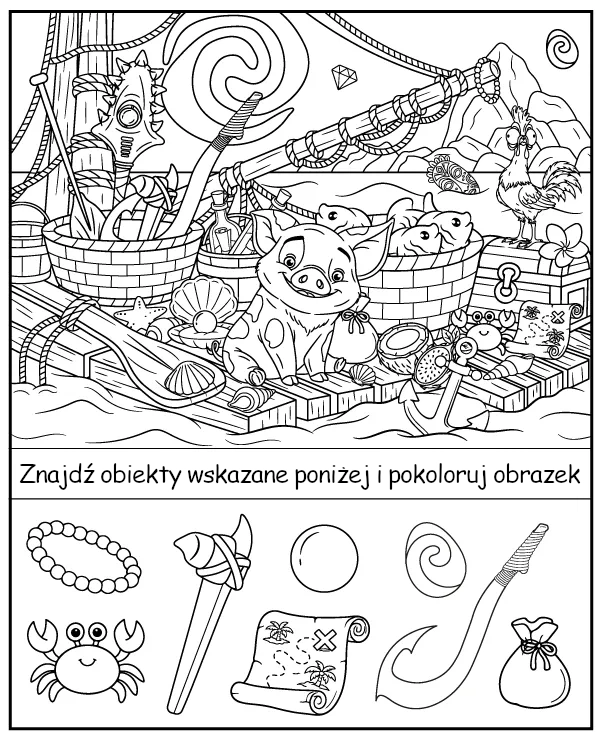 Znajdź ukryte przedmioty i pokoloruj obrazek z Pua z bajki Vaiana