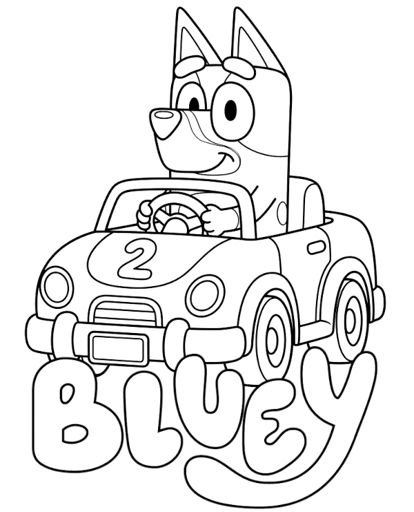 Bluey w Samochodzie Kolorowanka do Druku dla Dzieci