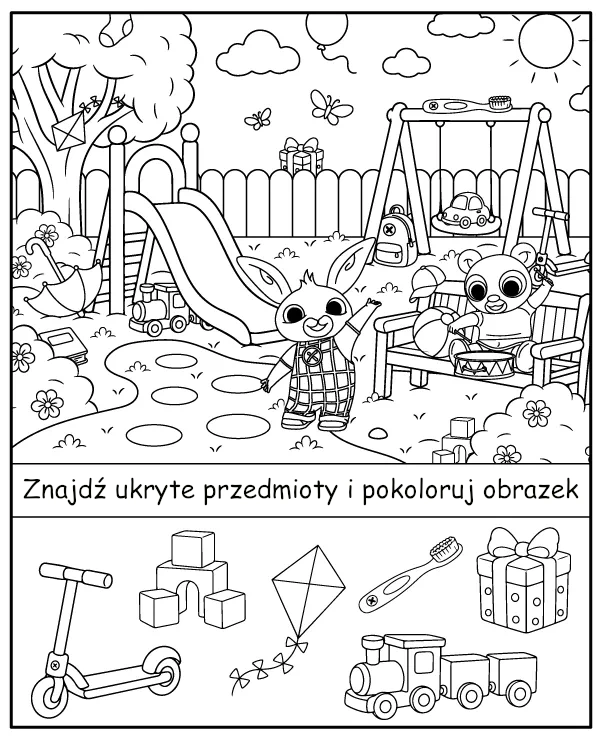 Znajdź Ukryte Obiekty i Pokoloruj - Bing Zadanie dla Dzieci