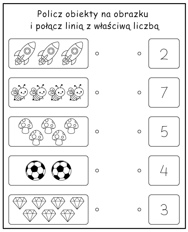 Połącz obiekty z liczbą - karta pracy do nauki liczenia