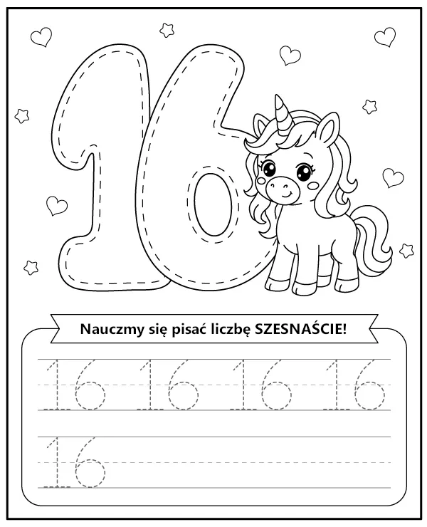 Liczba 16 Szesnaście Karta Pracy dla Dzieci do Druku