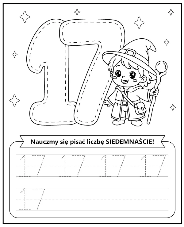 Liczba 17 Siedemnaście Karta Pracy dla Dzieci do Druku