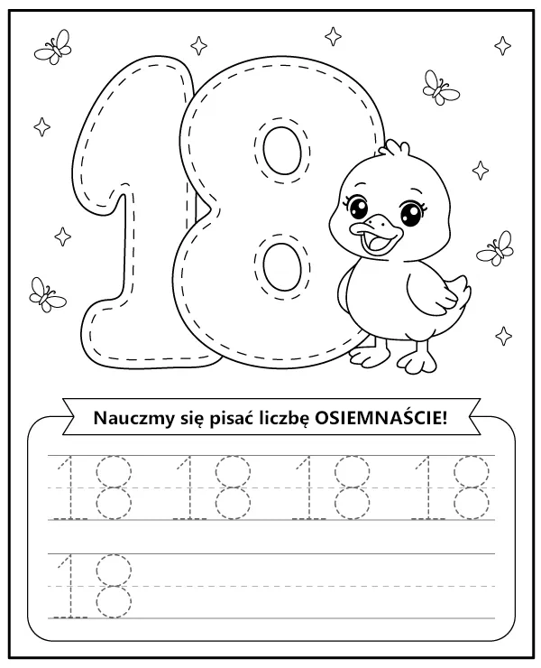 Liczba 18 Osiemnaście Karta Pracy dla Dzieci do Druku