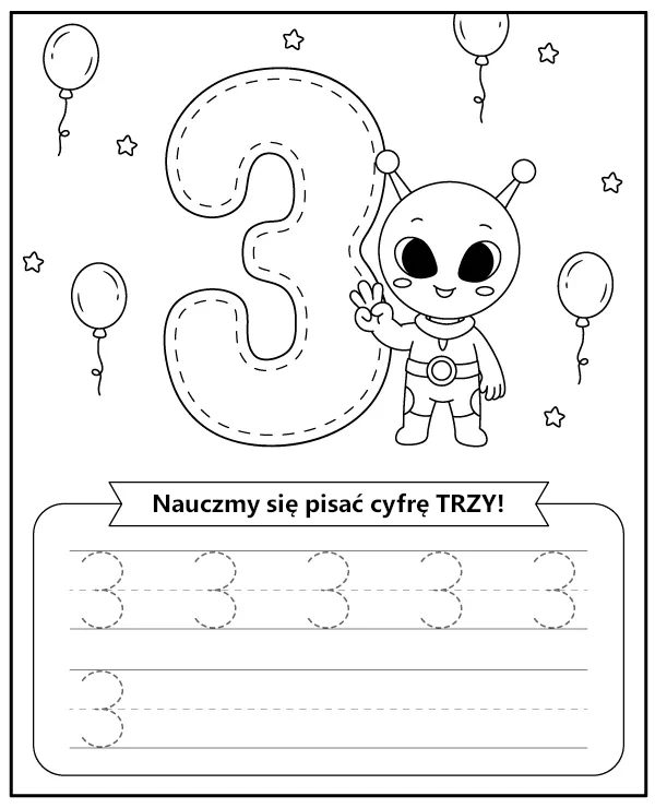 Cyfra 3 Trzy Karta Pracy Liczby dla Dzieci do Druku