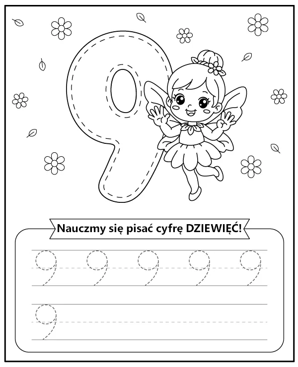 Cyfra 9 Dziewięć Karta Pracy Liczby dla Dzieci do Druku